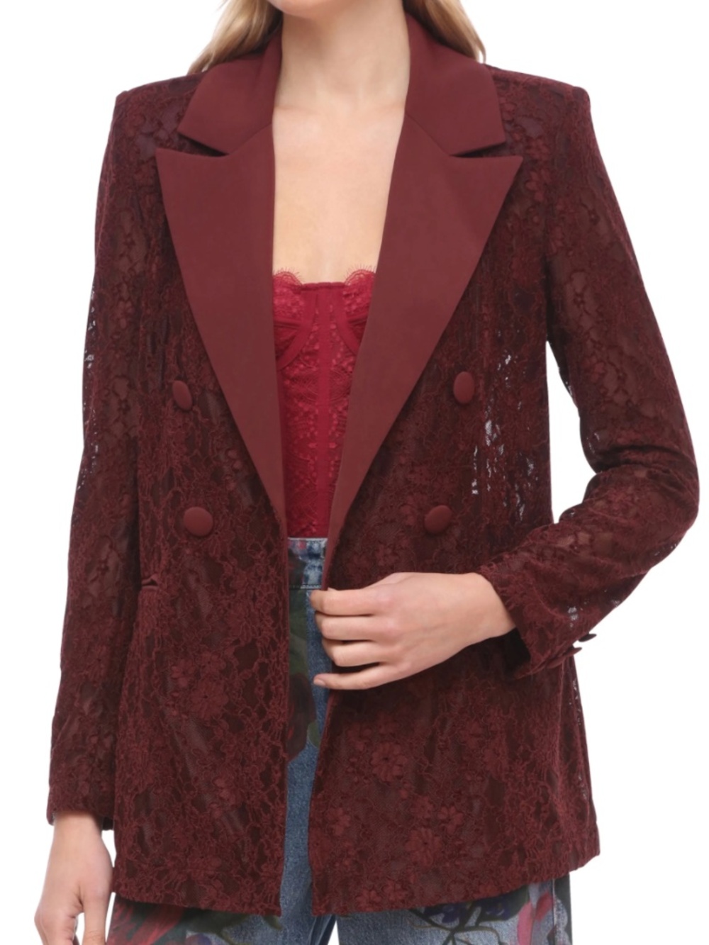 NWT Avec Les Filles Burgundy Lace Tuxedo Blazer XS